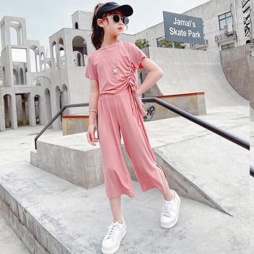 Teen Girls Clothing Sets 6 8 10 12 Years Old 2 Piece Clothes Solid Color Drawstring T Shirt Pants Suit Kids Girls Summer Outfits
