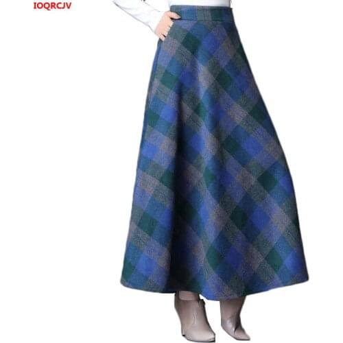 Autumn Winter Long Woolen Skirts Women Vintage Maxi Skirts Elastic Waist Warm Elegant Office Lady A-Line Plaid Wool Skirt W1839