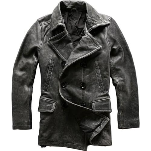Read Description! Asian Size Mans Winter Genuine Cow Leather Jacket Mens Classic Gray Cowhide Pea Coat