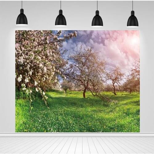Scopiso Spring Cloudy Sky Forest Blooming Trees Grassland Baby Portrait Photography Backdrops Photo Backgrounds For Photo Studio