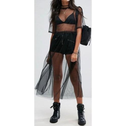 Sexy Bikini Cover Up T-Shirt Women Black Gauze Mesh Sheer Tops Sheer Transparent Long Shirts Casual Loose Long Short Sleeve Tops