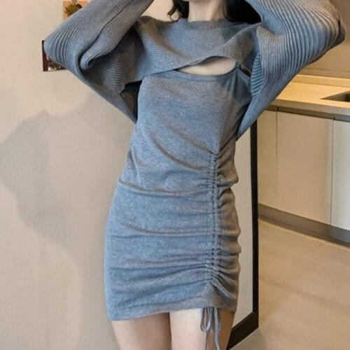 2 Piece Knitted Dress Bodycon Mini Sexy Short Sweater Robe O Neck Vintage Tops Spring 2021 Party Black Vestidos Korean Pullover