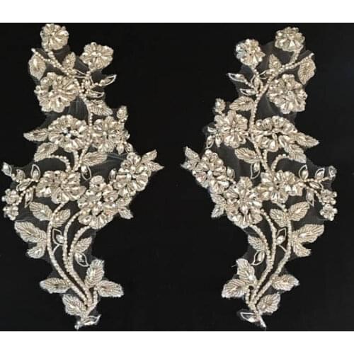 Rhinestone bead applique, heavy bead handmade rhinestone applique for bridal headpiece sash, heavy bead crystal flower applique