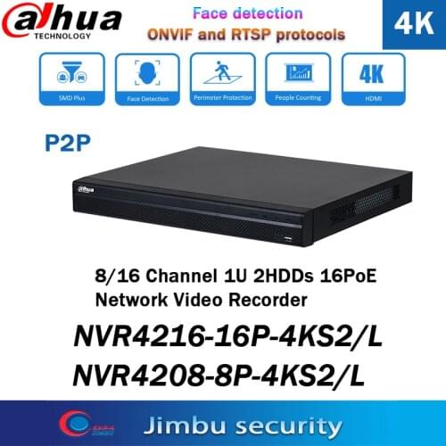 Dahua NVR H.265 4K POE Video Recorder NVR4208-8P-4KS2 NVR4216-16P-4KS2 8POE port 8CH 16CH Up to 8MP Resolution Max 200M EASY4IP