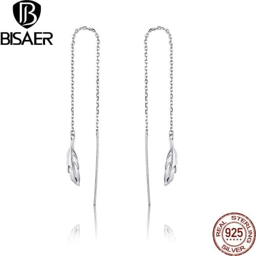 Feathers Earrings BISAER Hot Sale Long Chain 925 Sterling Silver Angel Wings Feathers Stud Earrings Women Jewelry ECE786
