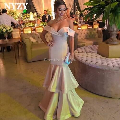 NYZY E117 Pink Off Shoulder Satin Mermaid Evening Dress 2019 Formal Dress Women Elegant Robe Soiree vestidos de festa
