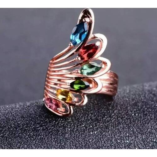 Natural Multicolor tourmaline Phoenix Tail Fan Ring Natural gemstone forefinger ring S925 silver women party girl fine Jewelry