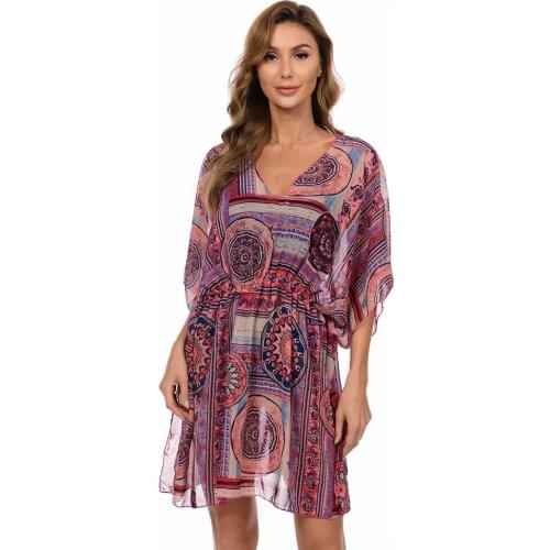 Fashion Women Summer Dress V-Neck Batwing Sleeve Elastic Waist Chiffon Mini Dress Boho Casual Holidays Elegant Beach Dresses