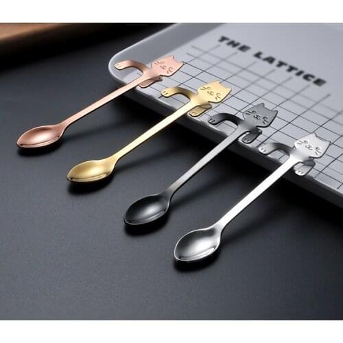 100pcs Cute Cat Long Handle Hanging Spoon Coffee Milk Stainless Steel Spoon Flatware for Kids Gifts W9934