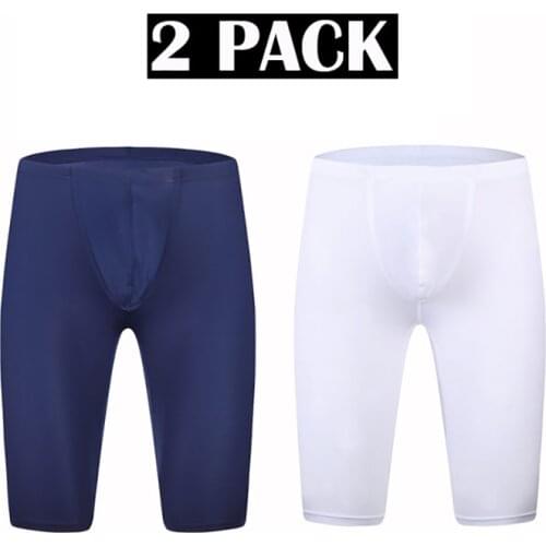 2 Piece Ice Silk Sleep Bottoms Mens Long Boxer Shorts Sexy Bugle Pouch Pajama Summer Ultra-thin Slip Homme Underwear Sleepwear
