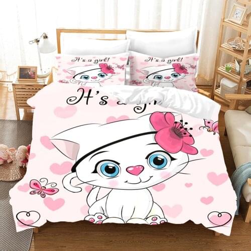3D Bedding Sets Pink Duvet Quilt Cover Set Comforter Bed Linen Pillowcase King Queen 135*200cm Size Pets Lovely Cat Print Design