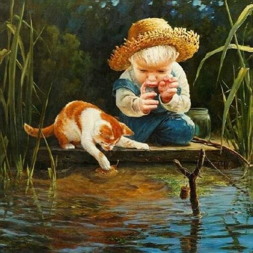 DIY Diamond Painting Cross Stitch Fishing boy cat Needleworks 5D Diamond Embroidery sale Full Diamond Mosaic Decorative painting