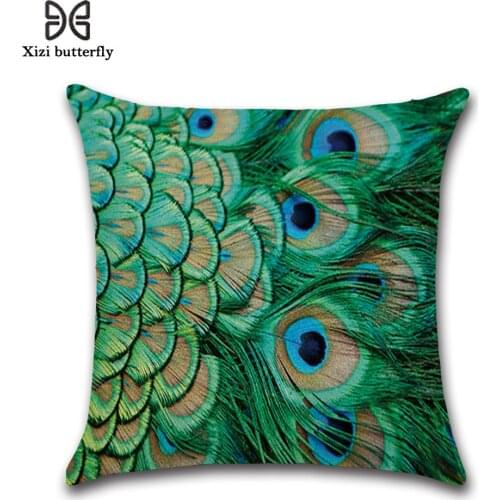 Peacock Feather Animal Pattern Decorative Throw Pillow Case Bird Flowers Linen Pillowcase Cushion Cover for Car Home Sofa Decor