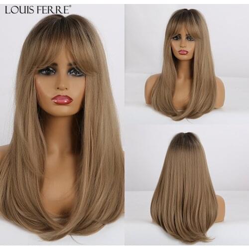LOUIS FERRE Long Straight Synthetic Wigs with Bangs Ombre Black Brown Blonde Wigs for White/Black Women Heat Resistant Wigs