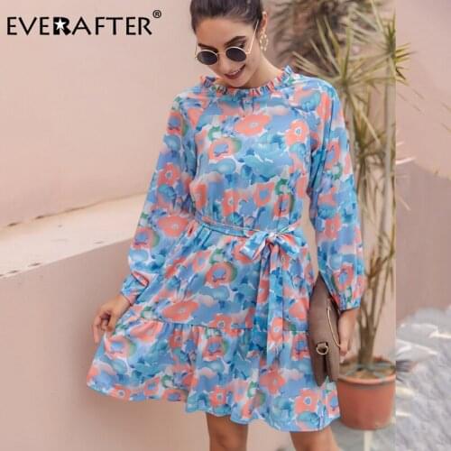 EVERAFTER Womens stand neck dress long sleeve bow sashes lace up leopard print dress autumn winter casual ruffles midi dresses