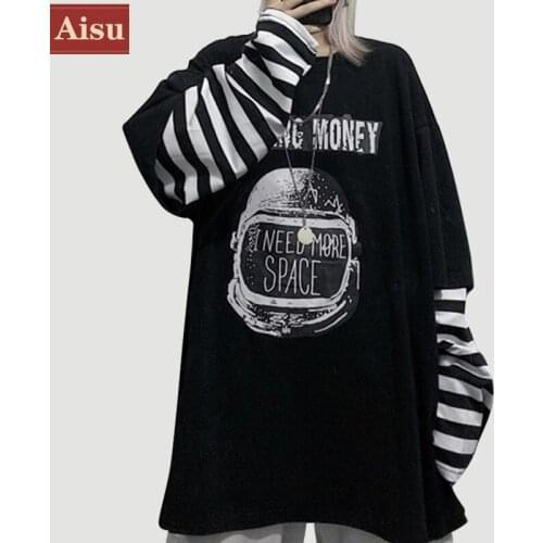 Spring Couple t shirt Casual Letter Print O-Neck stripe Patchwork T-Shirts harajuku Women Long Sleeve big size T-shirt black top