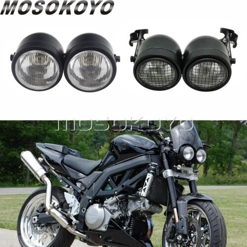 3.5" Black Motorcycle Dominator Grill Twins Dual Headlight Streetfighter H4 Halogen Double Headlamp for Harley Cafe Racer Bobber