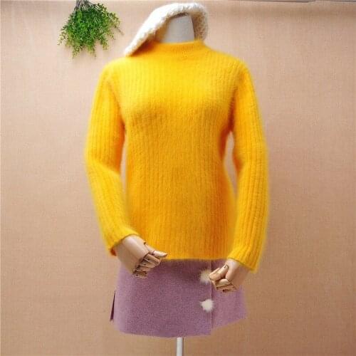 K18 ladies women fashion hairy angora rabbit fur knitted medium turtleneck long sleeves slim pullover mink fur jumper sweater