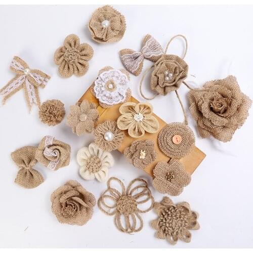 Lace Burlap Ribbon Rolls Handmade Burlap Flowers and Bowknots with Glue Point for Wedding Party Decor Home