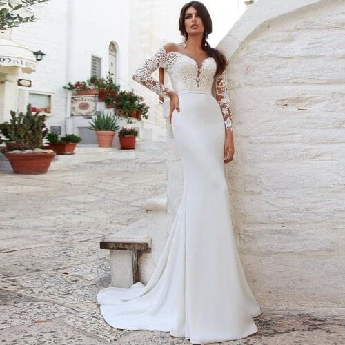 Vestidos Sexy Wedding Dresses Jersey Appliques Pleat V-Neck Full Sleeve Covered Button Mermaid Bridal Gowns Novia Do 2021