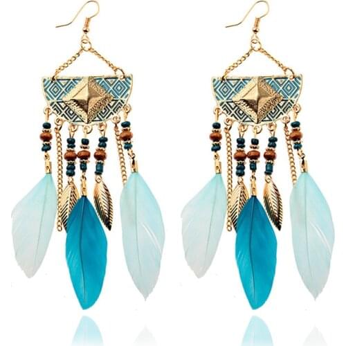Summer Fashion Indian Jewelry Bohemia Ethnic Vintage Long Feather Earrings Charm Chain Beads Hanging Earrings Boho Beach Holiday