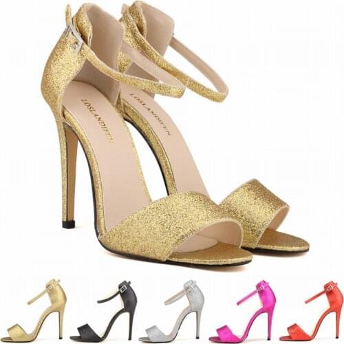 LOSLANDIFEN Summer Classic Sequined Cloth Female Sandals High Heels Shoes Women Pumps Fashion Buckle Open Toe Party Sandal Woman