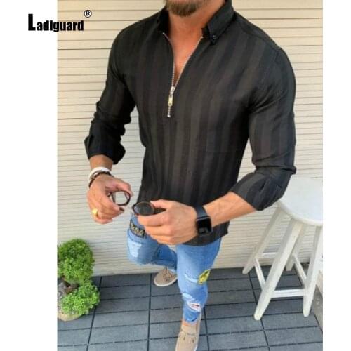 2021 Plus size 3xl Men Summer Casual Shirt blusas Long Sleeve Turn-down Collar Skinny Pullovers Mens Fashion Zipper Top Clothing