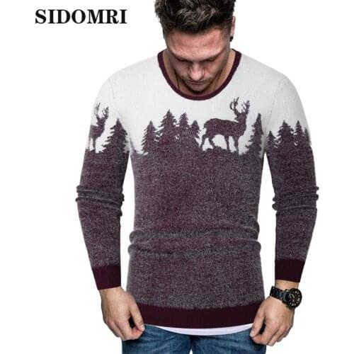Eu size Sweater Men Warm Long Sleeve autumn/Winter mens tweed Christmas Tree fawn print Pullover Sweater Fashion Slim Fit male