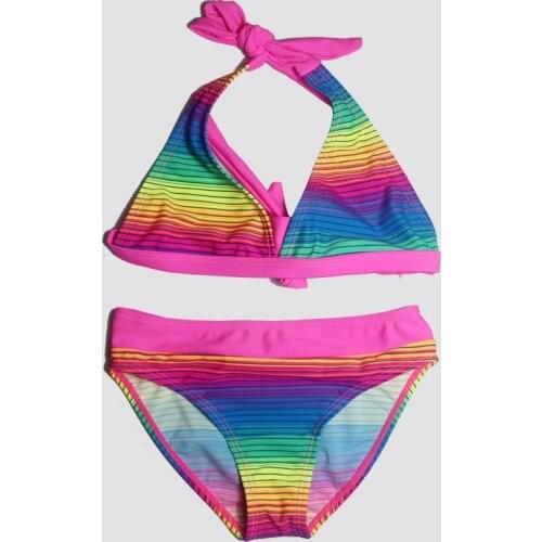 New Girl Rainbow Color Bathing Suit Girls Tight Elastic Stripe Swimwear Children Split Swimwear Girls Bikini Girl Beach Swimsuit