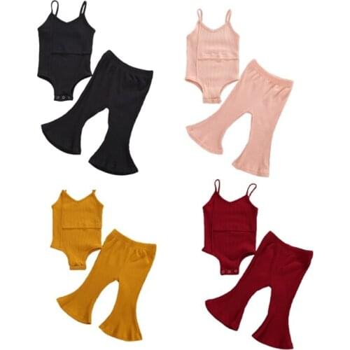 Solid Fashion Summer Infant Baby Girls Clothes Sets Solid Sleeveless Romper Tops Long Flare Pants 4 Colors Outfits 0-3 Years
