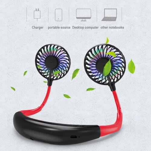 USB LED Light Rechargeable Neckband Lazy Neck Hanging Style Dual Cooling Fan Cooler for Traveling Outdoor Office Portable