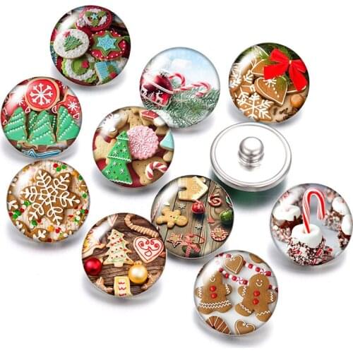 DB0584 Christmas Biscuits and candies 18mm snap buttons 10pcs mixed round photo glass cabochon style for snap button jewelry