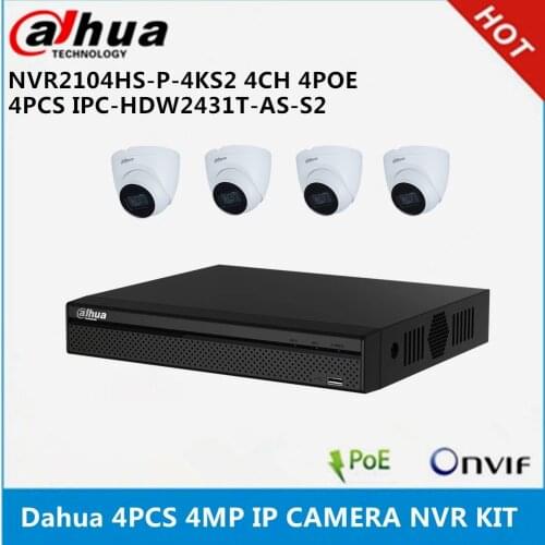 Dahua 4 pcs IPC-HDW2431T-AS-S2 built-in Mic 4MP IP Camera & NVR2104HS-P-4KS2 4ch with 4 poe ports CCTV Camera System support p2p