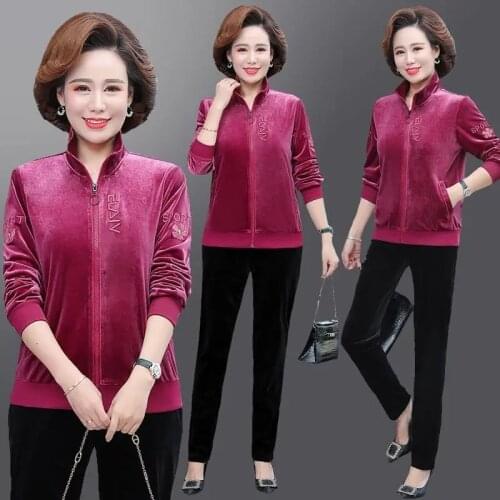 Middle-Aged Mom Casual Velvet Tracksuit 2 Piece Set Women Spring Autumn Plus size 5XL Zipper Jacket + Sweatpants Velour Outfit