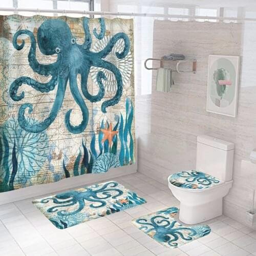 MLGB Mediterranean Style Shower Curtain Set Octopus Pattern Bathroom Bathtub Blackout Waterproof Polyester Screen with Hook