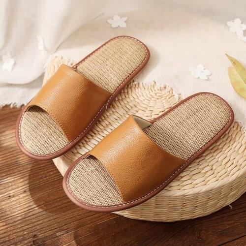 Japanese Style Womens Genuine Leather Summer Indoor Slippers Couples Anti-Skip Breathable Household Slippers Mens Home Shoes