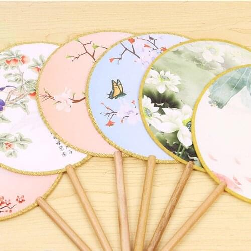 Vintage Flower Lotus Chinese Dance Fan Classical Palace Fan Portable Round Cloth Lady Hand Fan Wedding Dance Decor Gifts