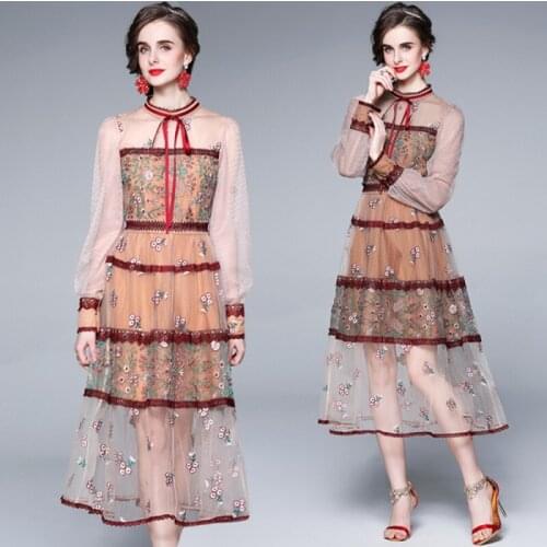 High Quality 2021 Fashion Designer Mesh Lace Dresses Women Long Sleeve Vintage Flower Embroidery Slim Party Midi Dress Vestidos