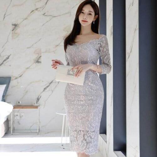 New Fashion Spring Korean Style Midi Bodycon Dress Ladies OL Elegant Sexy Perspective Mesh Backless Lace Skinny Split Dress