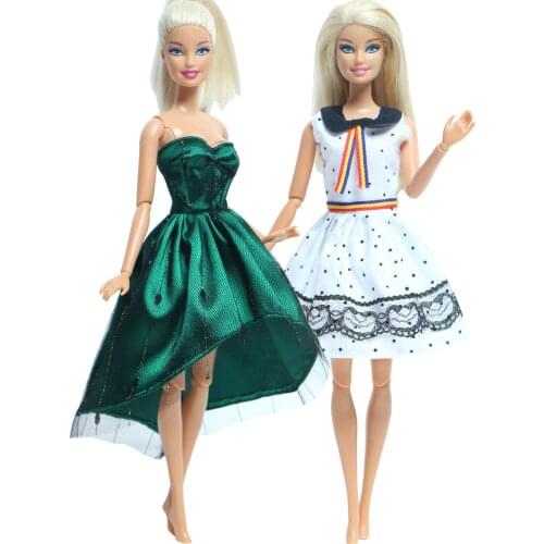 2 Pcs /Set Fashion Dress Mix Style Green White Lace Skirt Evening Party Gown Noble Clothes for Barbie Doll Accessories House Toy