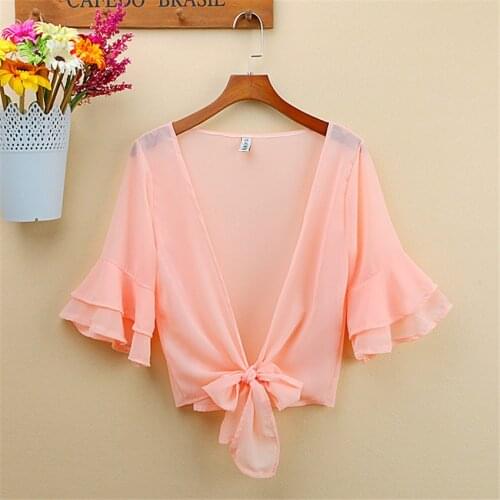 2019 Summer S-3XL Women Short Chiffon Cardigan Blouses Female Bow Tie Lady Flare Sleeve Sun Protection Clothing Beach Shirt 774