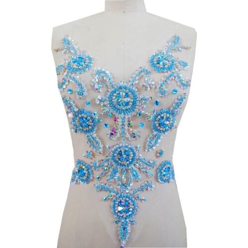 ZBROH handmade 45*35cm sky blue/clear AB colour rlhinestones applique on mesh sew on flower patches for dres accessory