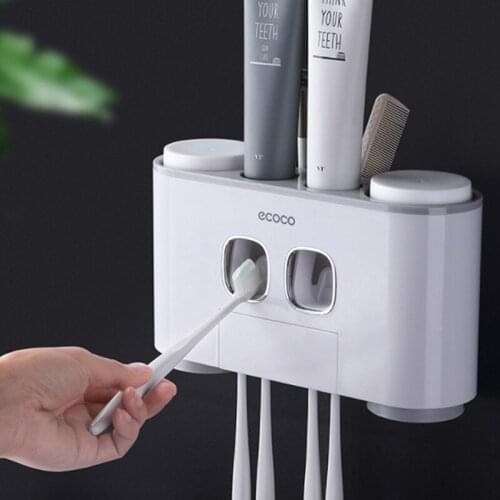 Automatic Toothpaste Dispenser Dust-proof Toothbrush Holder with Cups No Nail Wall Stand Shelf Bathroom Accessories Sets