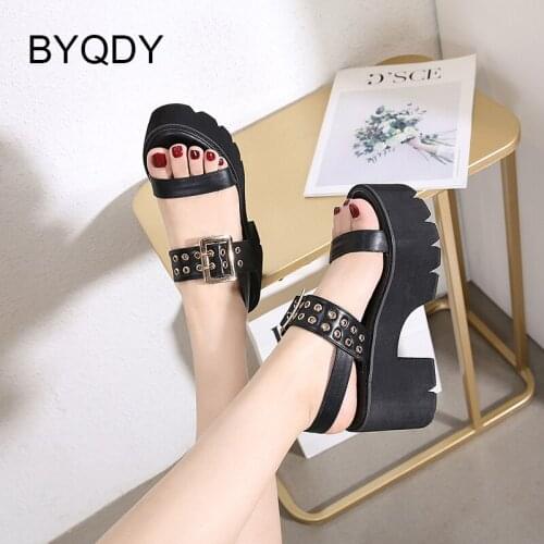 BYQDY New Arrival Women Sandals Black Buckle Strap Platform Punk Sandals Chunky Heels Gothic Cool Shoes Woman Summer Plus Size