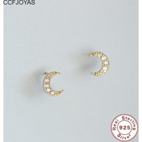 CCFJOYAS Korean Style 925 Sterling Silver Mini Moon Star Stud Earrings for Women Simple Gold Silver color Cute Studs Jewelry