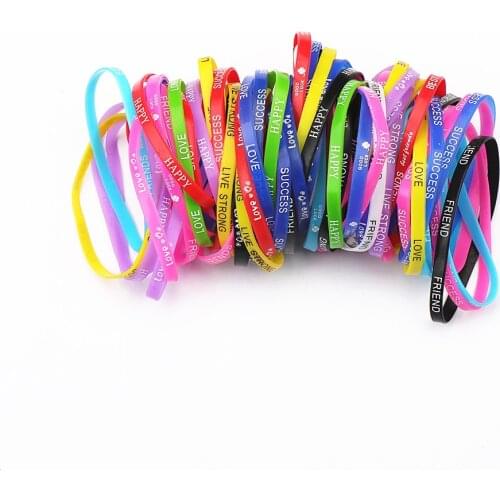 50pcs/lot Fashion Multicolor Love Friendship Elastic Silicone Bracelet Bangle Women Men Power Wristband Mix Style Gifts