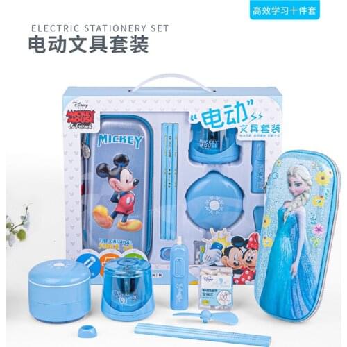 10-piece Disney Electric Stationery Set Cartoon Electric Pencil Sharpener Vacuum Cleaner Eraser Fan Cute Frozen Learning Gift