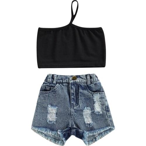 FOCUSNORM 1-6Y Summer 2pcs Kids Girls Clothes Sets Off Shoulder Strap Sleeveless Solid Vest Tops Denim Shorts
