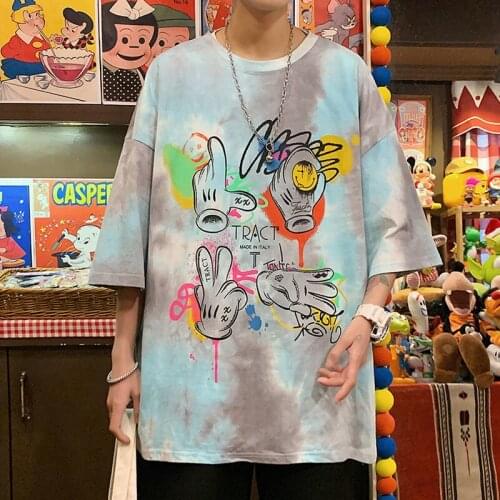 2021 Cool Tie Dyed Men High Street Loose T-shirt Harajuku Streetwear Punk Tshirt Casual Short Sleeve Summer Gothic Tops Tee Male