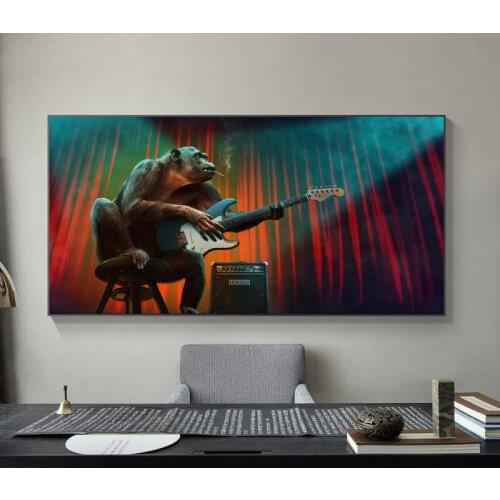 Interesting Orangutan Playing Guitar Painting Prints Poster HD Pictures Printed on Canvas Used for Home Room Decor Wall Art